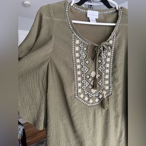 Liz Claiborne -Short Sleeve / Size S /Olive Green color Floral embroidery blouse